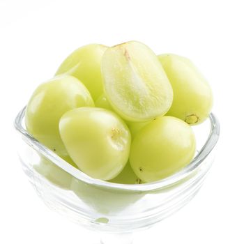 Close up of beautiful boxed Shrine Muscat green grape isolated on white background, clipping path cut out.