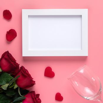 Valentine's Day memory with blank picture frame on pink background design concept