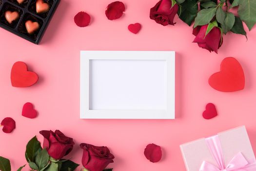 Valentine's Day memory with blank picture frame on pink background design concept