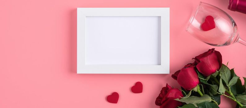 Valentine's Day memory with blank picture frame on pink background design concept