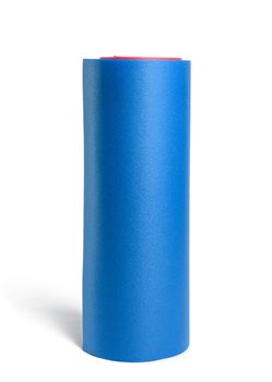 twisted blue neoprene sports mat for sports, yoga isolated on white background