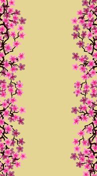 Vertical Floral greeting banner with beautiful pink blossom flowers branch Sakura.Yellow colors Background with copy space on Cherry Twig In Bloom.Postcard good for wedding invitation,Mother,Women day