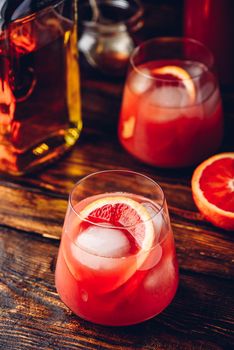 Whiskey sour cocktail with aged bourbon, blood orange juice and simple syrup