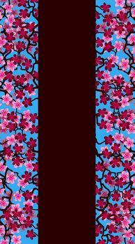 Vertical Floral greeting banner with beautiful pink blossom flowers branch Sakura.Buruny colors Background with copy space on Cherry Twig In Bloom.Postcard good for wedding invitation,Mother,Women day