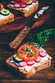 Vegetarian sandwiches with fresh sliced tomatoes, cucumber and radish