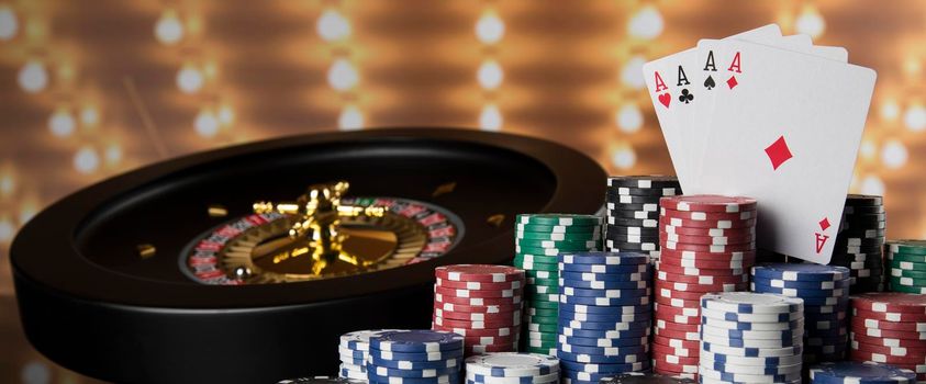 Roulette wheel running in a casino, Poker Chips