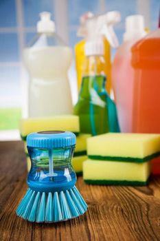 Variety of cleaning products, equipment background