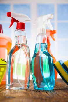 Variety of cleaning products, equipment background