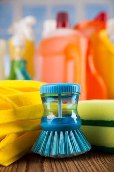 Set of cleaning products, equipment background