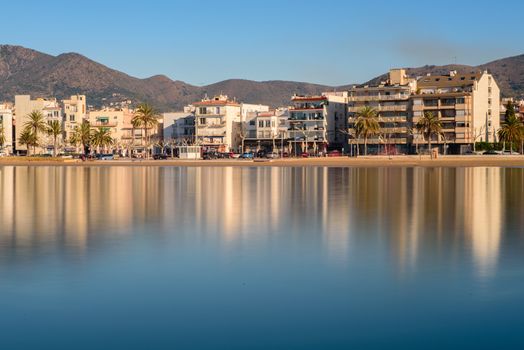 ROSES, SPAIN - jan 24 2018 : Beach and city view of mediterranean town Roses. jan 24 2018 in Catalonia, Spain