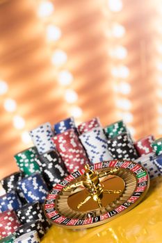 Roulette wheel running in a casino, Poker Chips