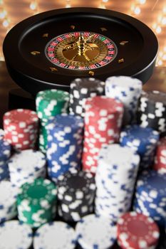 Roulette wheel running in a casino, Poker Chips