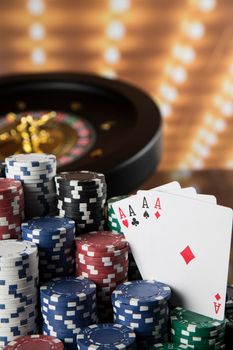 Roulette wheel running in a casino, Poker Chips