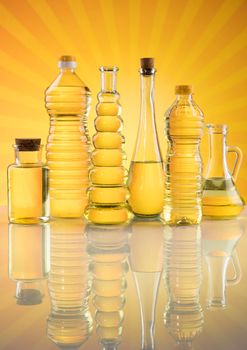 Olive oil bottles, olive branch and Cooking oils