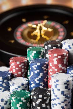 Roulette wheel running in a casino, Poker Chips