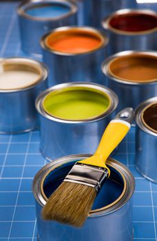 Paint cans palette,paintbrush, Creativity concept