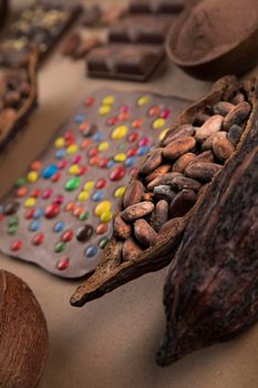 Chocolate Collection, Cocoa pod, candy sweet, dessert on natural paper background