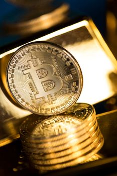 Golden Bitcoin coins, finance concept