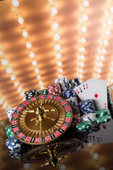 Roulette wheel in motion in a casino background