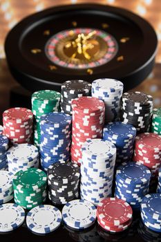 Roulette wheel running in a casino, Poker Chips