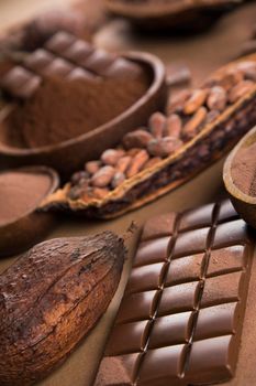 Cocoa pod and chocolate bar and food dessert background