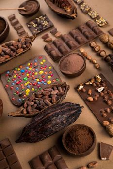 Bars Chocolate, candy sweet, dessert food on natural paper background