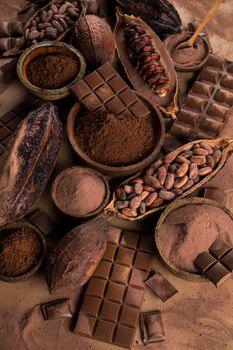 Cocoa pod and chocolate bar and food dessert background