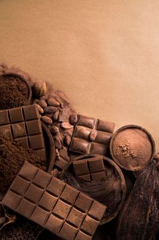 Chocolate sweet, cocoa pod and food dessert background