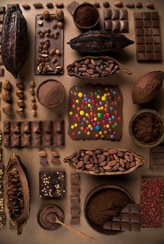 Chocolate Collection, Cocoa pod, candy sweet, dessert on natural paper background