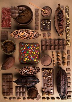 Chocolate Collection, Cocoa pod, candy sweet, dessert on natural paper background