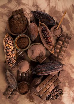 Cocoa pod and chocolate bar and food dessert background