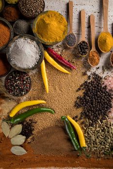 Assortment of spices in wooden bowl background