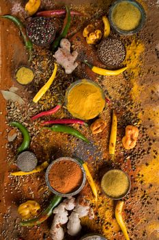 Hot spices in wooden bowls