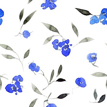 Watercolor seamless pattern of blue flowers and leaves. Oriental traditional painting in style sumi-e, u-sin and gohua.