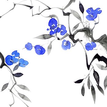Watercolor and ink illustration of blossom tree branch with blue flowers, leaves and splashes. Oriental traditional painting in style sumi-e, u-sin and gohua.