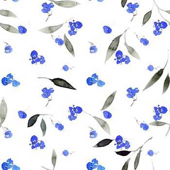 Watercolor seamless pattern of blue flowers and leaves. Oriental traditional painting in style sumi-e, u-sin and gohua.