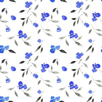 Watercolor seamless pattern of blue flowers and leaves. Oriental traditional painting in style sumi-e, u-sin and gohua.