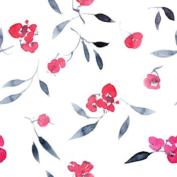 Watercolor seamless pattern of pink flowers and leaves. Oriental traditional painting in style sumi-e, u-sin and gohua.