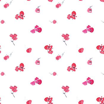 Watercolor seamless pattern of pink flowers. Oriental traditional painting in style sumi-e, u-sin and gohua.