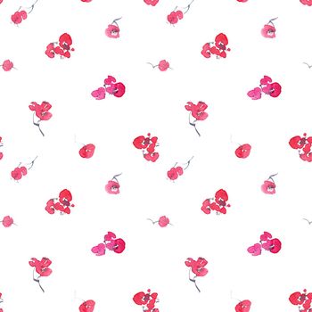 Watercolor seamless pattern of pink flowers. Oriental traditional painting in style sumi-e, u-sin and gohua.
