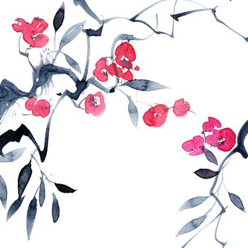 Watercolor and ink illustration of blossom tree branch with red flowers, leaves and splashes. Oriental traditional painting in style sumi-e, u-sin and gohua.