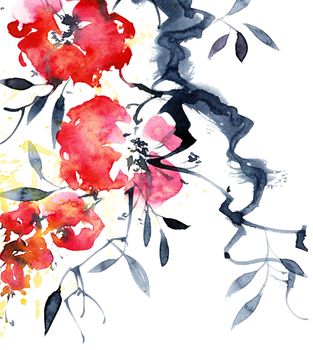 Watercolor and ink illustration of blossom tree branch with red flowers, leaves and splashes. Oriental traditional painting in style sumi-e, u-sin and gohua.