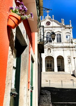 Lisbon, Portugal- March 7, 2020:Beautiful Nossa Senhora Das Merces church facade in Lisbon