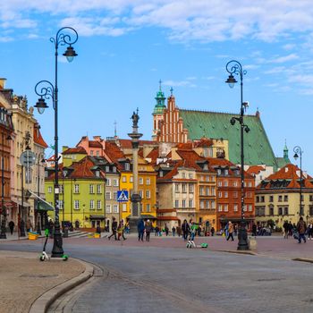 Warsaw / Poland - February 27, 2019: Castle Square, Sigismund's Column and historic buildings in Old Town