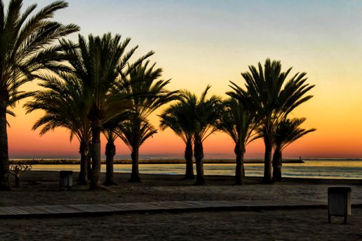 Beach oasis Sunset at Levante beach in Santa Pola, Alicante, Spain