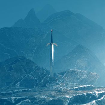 3d render of a sword in the stone with a surreal background.