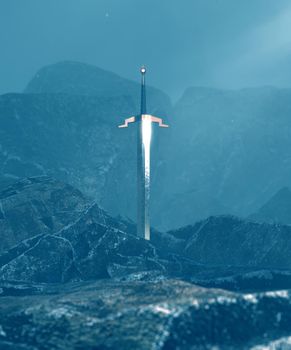 3d render of a sword in the stone with a surreal background.