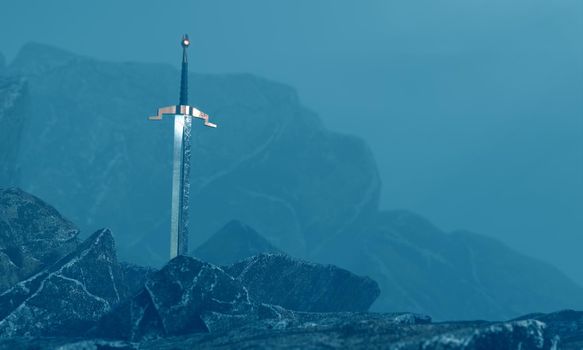 3d render of a sword in the stone with a surreal background.