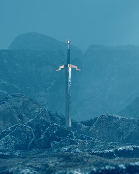 3d render of a sword in the stone with a surreal background.