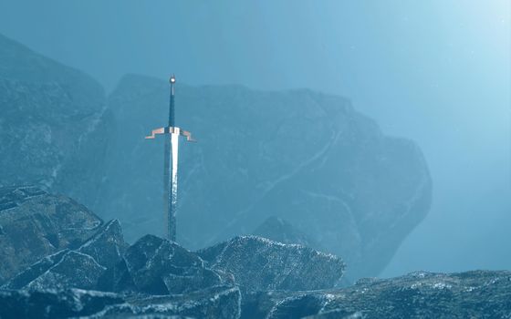 3d render of a sword in the stone with a surreal background.